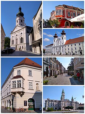 Clockwise, from top to bottom: Cathedral Basilica of Győr, baroque architecture in Győr, Benedictine Church of Saint Ignatius of Loyola, street in the city center, City Hall, baroque architecture