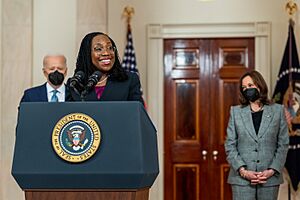 Ketanji Brown Jackson delivers remarks with Biden & Harris in background