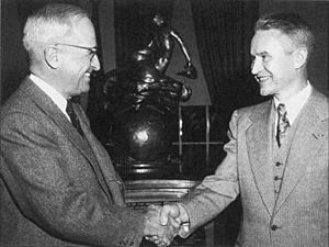 Lew Rodert accepting the Collier Trophy from President Harry S Truman in December 1947.jpg