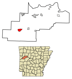 Location of Booneville in Logan County, Arkansas.