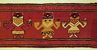 Mantle border fragment of funerary cloth with anthropomorphic feline figures, Peru, Chancay, central coast, c. 1000-1470 AD, cotton or alpaca wool - Krannert Art Museum, UIUC - DSC06403