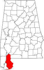 Map of Alabama highlighting Baldwin County