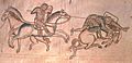 A medieval drawing of William the Marshal riding a horse, impaling another knight with a lance.