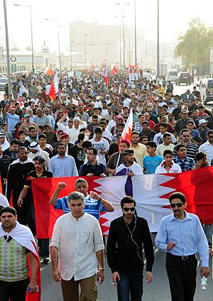 Nabeel Rajab (left), Ali Abdulemam (middle) and Abdulhadi Alkhawaja (right) in a pro-democracy march on 23 February