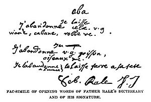 Rale's opening words and signature in his dictionary