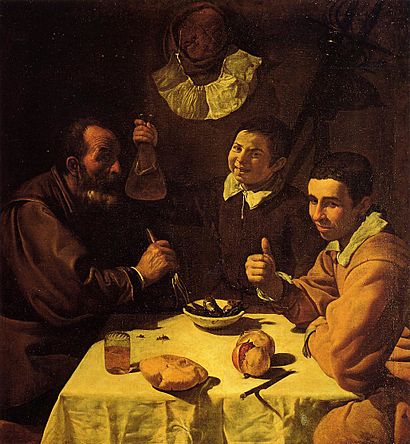 Tres hombres sentados a la mesa, by Diego Velázquez
