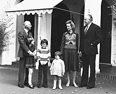 William and Sonia McMahon, with their children, visit Prime Minister Gough Whitlam at The Lodge in 1975