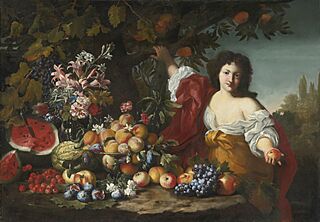 Abraham Brueghel, Guillaume Courtois - Still life of fruits and flowers with a figure