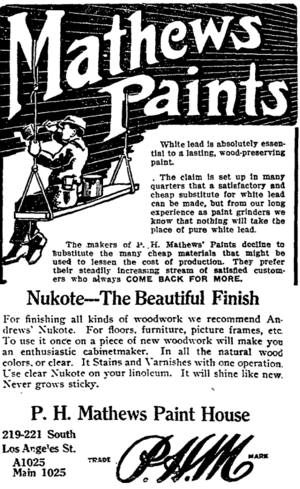 Advertisement showing a man seated on an board painting exterior of building