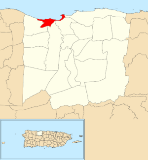 Location of Arecibo barrio-pueblo within the municipality of Arecibo shown in red