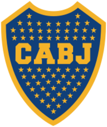 A Blue shield with a golden border. Inside the shield, 67 stars inside the shield with the golden letters "CABJ" (meaning "Club Atlético Boca Juniors") printed around the center, separating the stars