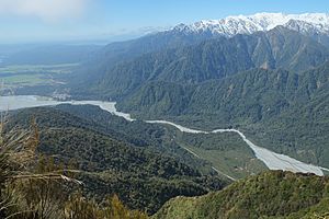 Franz Josef (middle left), next to the Waiho River, as seen from Alex Knob