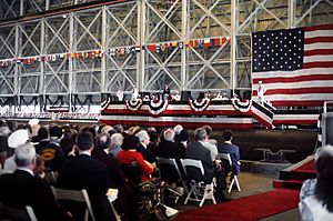 Governer Gaston Caperton of West Virginia addresses the guests assembled for the commissioning ceremony of the nuclear-powered fleet ballistic missile submarine USS WEST VIRGINIA (SSBN-736)