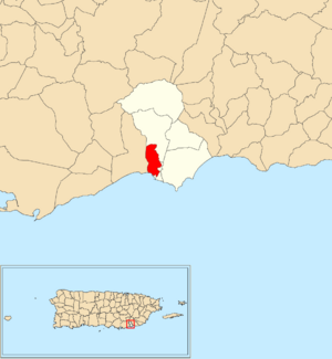 Location of Guásimas within the municipality of Arroyo shown in red
