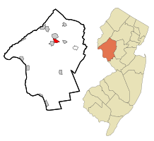 Map of Annandale CDP in Hunterdon County. Inset: Location of Hunterdon County in New Jersey.