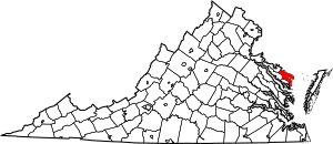 Map of Virginia highlighting Northumberland County