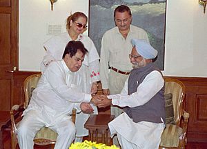 The noted film actors Dilip Kumar and Saira Banu calling on the Prime Minister, Dr. Manmohan Singh in New Delhi on March 24, 2005