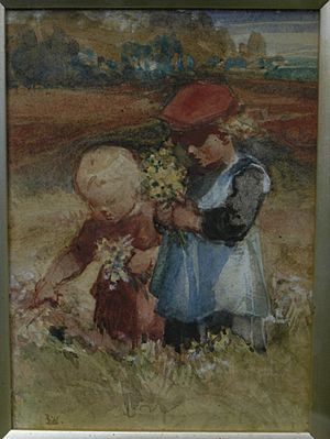 Watercolour of two children picking flowers by Lady Waterford