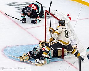 Winter Classic - Vegas Golden Knights at Seattle Kraken - January 1, 2024 - Jonathan Marchessault, Vince Dunn and Joey Daccord (53441245715)