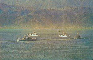 4 RNZN frigates in Wellington Harbour 1980