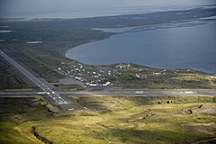 Aerial view of Cold Bay taken during the early 21st century. Cold Bay Airport's runways are visible.