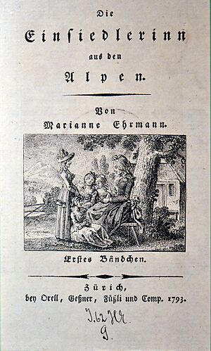 Ausstellung 'Der Zeit voraus - Drei Frauen auf eigenen Wegen' - Stadtmuseum Rapperswil - Marianne Ehrmann-Brentano, Titelseite 'Die Einsiedlerin aus den Alpen', Zürich 1793, erstes Bändchen 2015-09-05 16-17-26