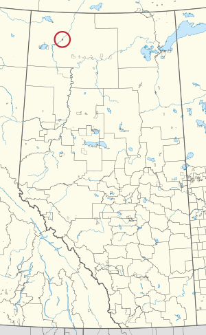 A map of the province of Alberta showing 80 counties and 145 small Indian reserves. One is highlighted with a red circle.