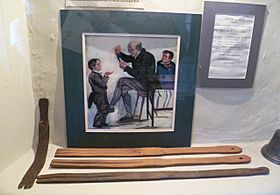 Examples of the tawse, made in Lochgelly. An exhibit in the Abbot House, Dunfermline.