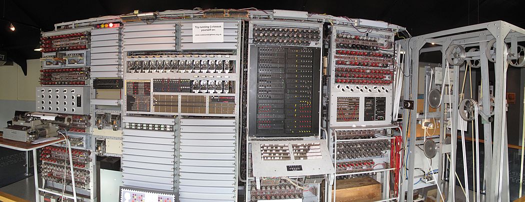 Frontal view of the reconstructed Colossus at The National Museum of Computing, Bletchley Park