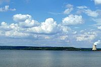 A bright blue lake with a line of trees along the horizon, interrupted only by a cooling tower for the nuclear power plant in Russellville, and puffy white clouds in the blue sky