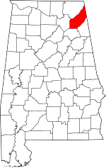 Map of Alabama highlighting DeKalb County