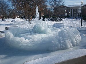OBU Campus oval fountain in 2011 snowstorm.