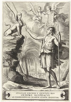 Oedipus lost het raadsel op Titelpagina voor A. Kircher, Oedipus Aegyptiacus, Rome 1652-1654, RP-P-BI-1459