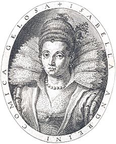 Rime d'Isabella Andreini 1603, frontispiece, engraved portrait - Gallica 2014 (adjusted)
