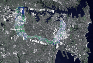 Satellite image of Sydney Inner West region, highlighting boundaries