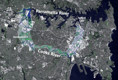 Satellite image of Sydney Inner West region, highlighting boundaries