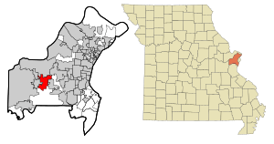 Location of Ballwin in St. Louis County and Missouri