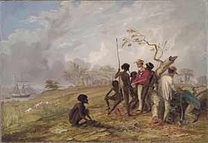 Thomas Baines, Thomas Baines with Aborigines near the mouth of the Victoria River, N.T, 1857