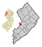 Map of Belvidere in Warren County. Inset: Location of Warren County highlighted in the State of New Jersey.