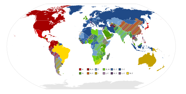 World map of electrical mains power plug types used