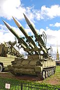 2P25 TEL with 3 3M9 missiles of the surface-to-air missile complex 2K12 «Kub» in Military-historical Museum of Artillery, Engineer and Signal Corps in Saint-Petersburg, Russia.jpg