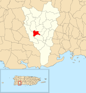 Location of Almácigo Alto within the municipality of Yauco shown in red