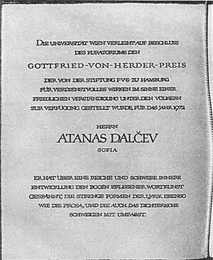 Atanas Dalcev's Herder Prize 1972