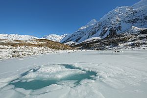 Broken ice on frozen Hooker Glacier Lake in winter