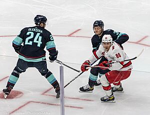 Carolina Hurricanes at Seattle Kraken - October 17, 2022 - Will Borgen, Jamie Oleksiak and Teuvo Teräväinen (52438502073)