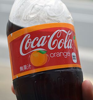 Close-up of a plastic bottle of Coca-Cola Orange in Kyoto, Japan, 2016