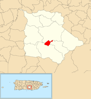 Location of Coamo barrio-pueblo within the municipality of Coamo shown in red