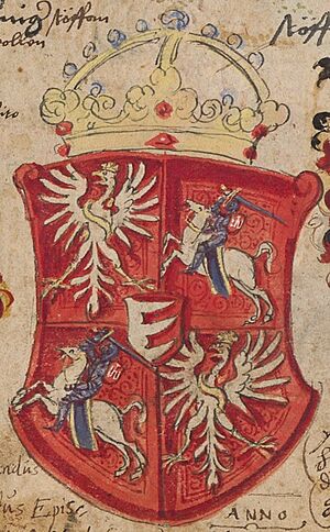 Coat of arms of the Polish–Lithuanian Commonwealth with Vytis (Waykimas), Columns of Gediminas, Polish Eagle and family symbol of Steponas Batoras
