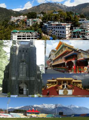 Clockwise from top: Skyline of Dharamsala, Main Street Temple – McLeod Ganj, Gyuto Karmapa, Himachal Pradesh Cricket Association Stadium and  St. John's Church