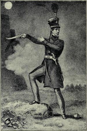 A man (John Shipp) wielding a curved sword and with a pistol in his belt, wearing a large military hat and uniform of the early nineteenth century on a moonlight night.